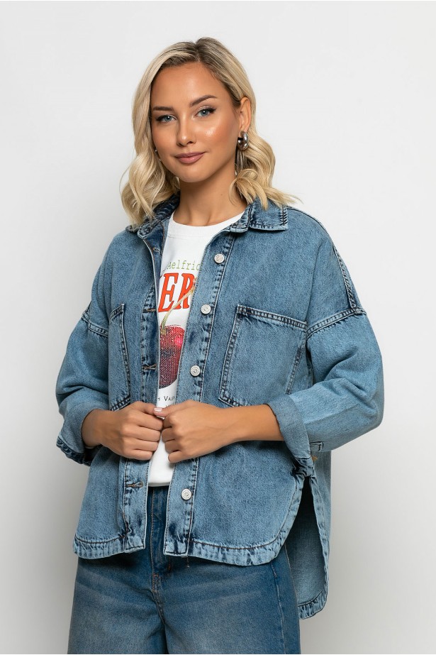 Jean jacket ασύμμετρο με μεγάλες τσέπες μπλε ντένιμ ανοιχτό