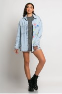 Jean jacket oversized με φθορές και στάμπα (teddy bear) μπλε ανοιχτό