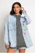 Jean jacket oversized με φθορές και στάμπα (teddy bear) μπλε ανοιχτό