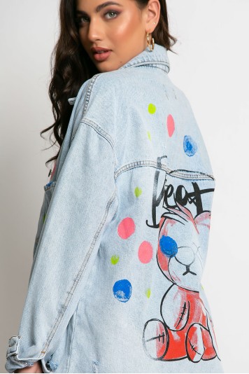 Jean jacket oversized με φθορές και στάμπα (teddy bear) μπλε ανοιχτό