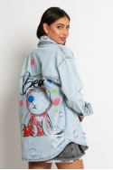 Jean jacket oversized με φθορές και στάμπα (teddy bear) μπλε ανοιχτό