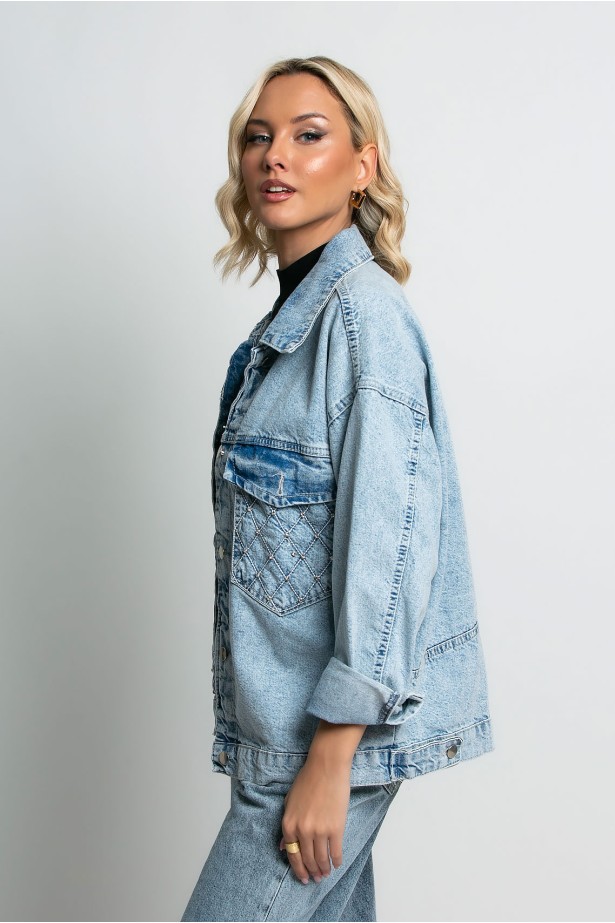 Jean jacket με strass μπλε