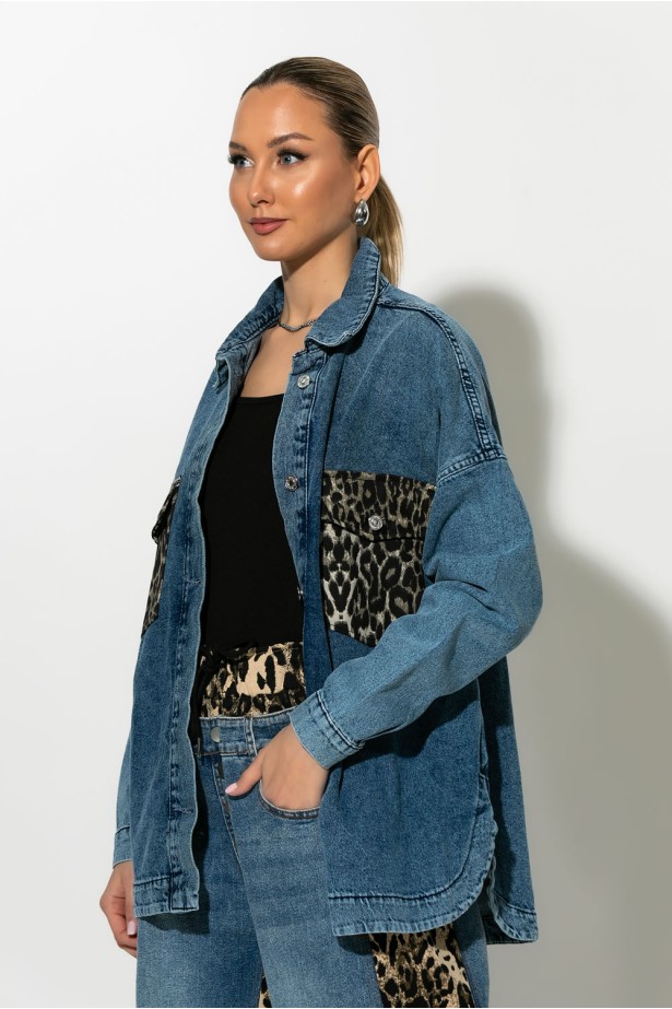 Oversized jean jacket με λεοπάρ τσέπες μπλε