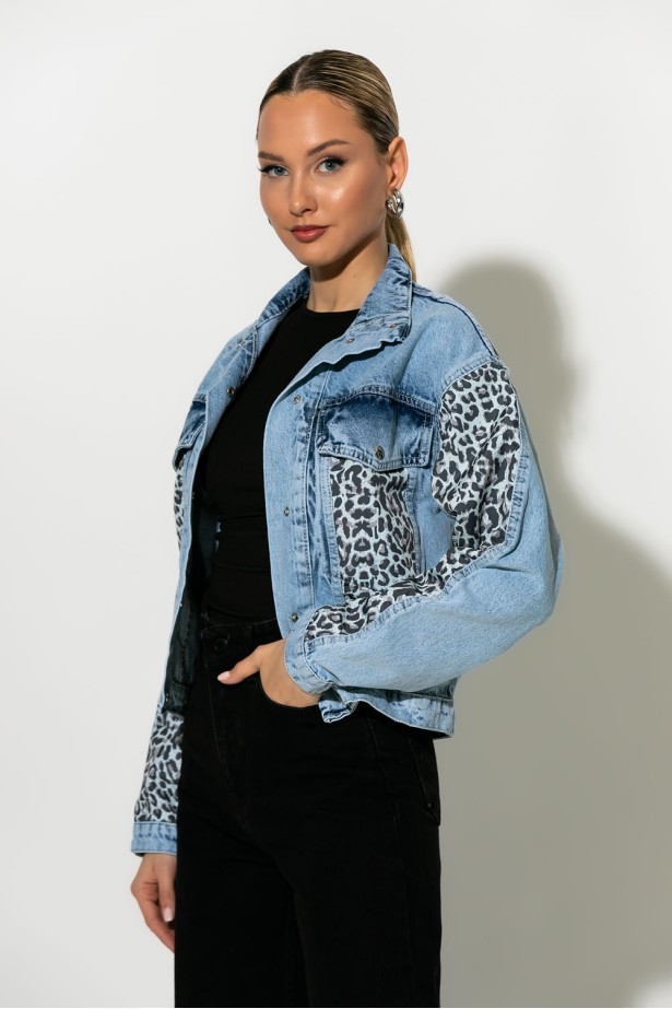 Jean jacket με leopard λεπτομέρειες μπλε