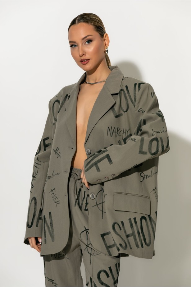 Oversized Blazer graffiti-style prints γκρι μπεζ