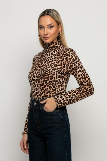 Μπλούζα με ψηλό λαιμό leopard print καφέ