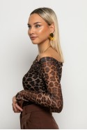 Μπλούζα τούλινη με λοξή λαιμόκοψη leopard print μπεζ σκούρο