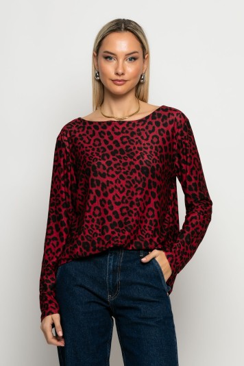 Μπλούζα με boat neck leopard print ανθρακί