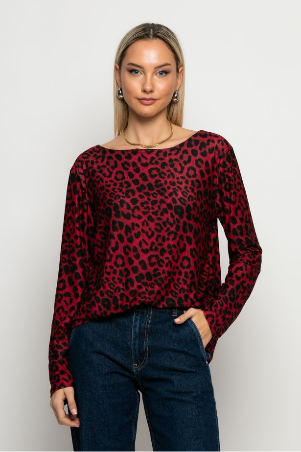 Μπλούζα με boat neck leopard print μπορντό