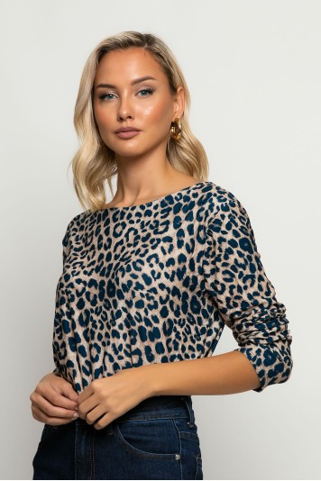 Μπλούζα με boat neck leopard print ανθρακί