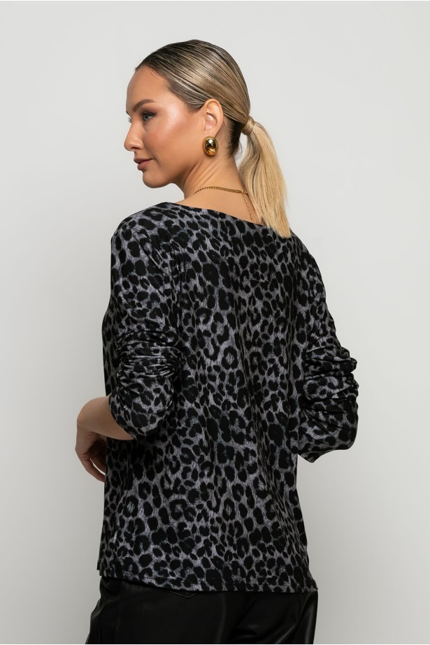 Μπλούζα με boat neck leopard print ανθρακί