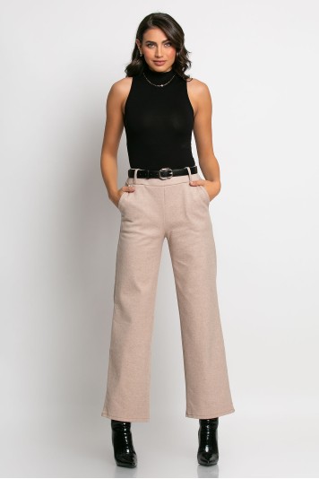 Παντελόνι cropped straight leg με ζώνη μπεζ