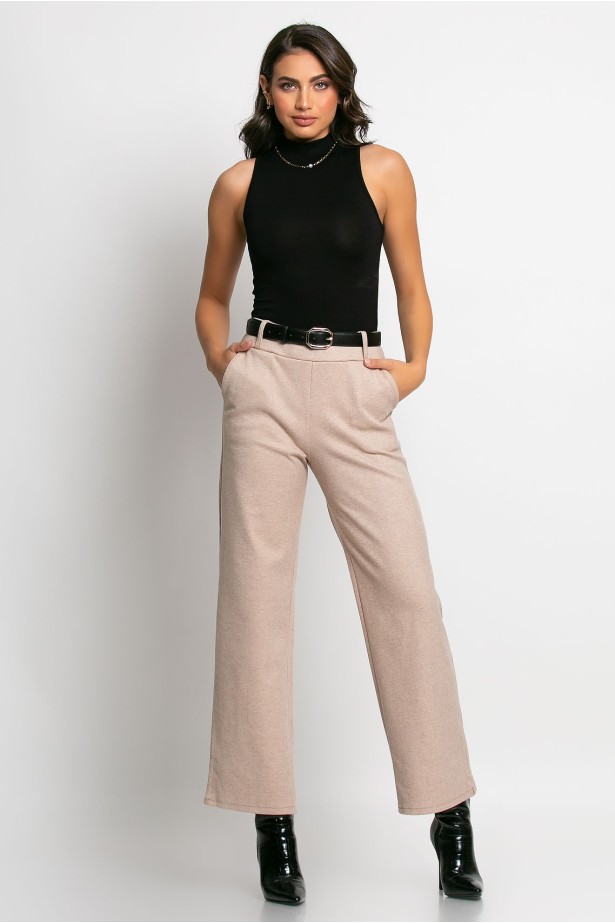 Παντελόνι cropped straight leg με ζώνη μπεζ