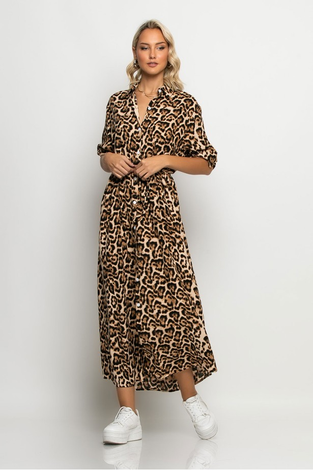 Dress semizie leopard print μπεζ ανοιχτό