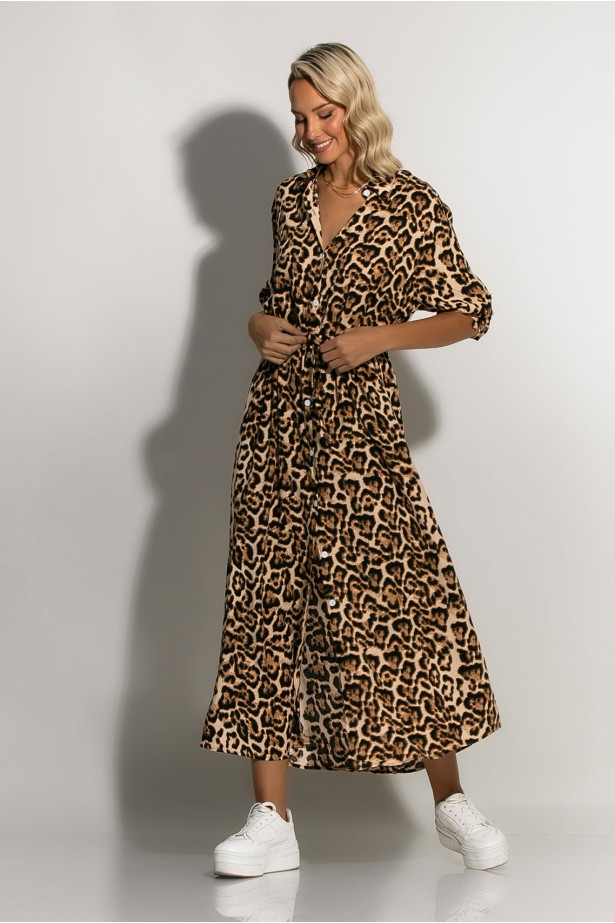 Dress semizie leopard print μπεζ ανοιχτό