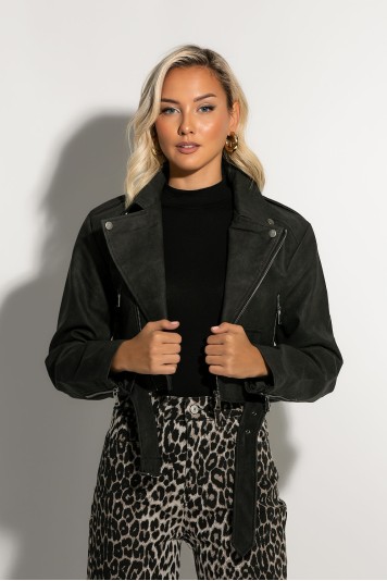 Cropped jacket δερματίνη με ζώνη γκρι