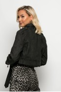 Cropped jacket δερματίνη με ζώνη μαύρο