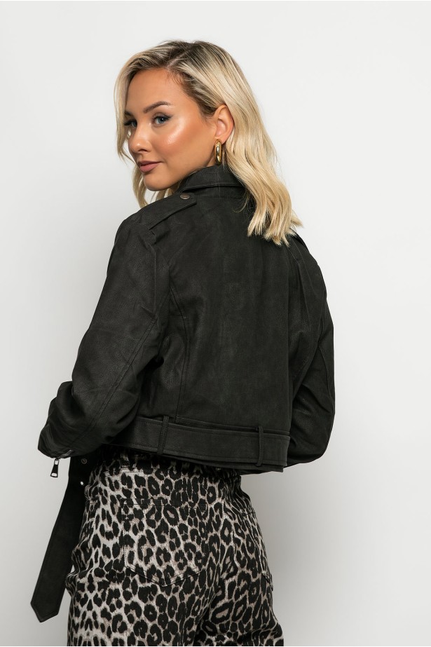 Cropped jacket δερματίνη με ζώνη μαύρο