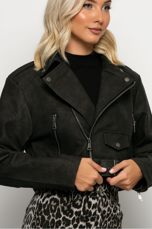 Cropped jacket δερματίνη με ζώνη μαύρο