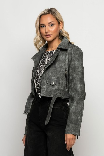 Cropped jacket δερματίνη με ζώνη γκρι