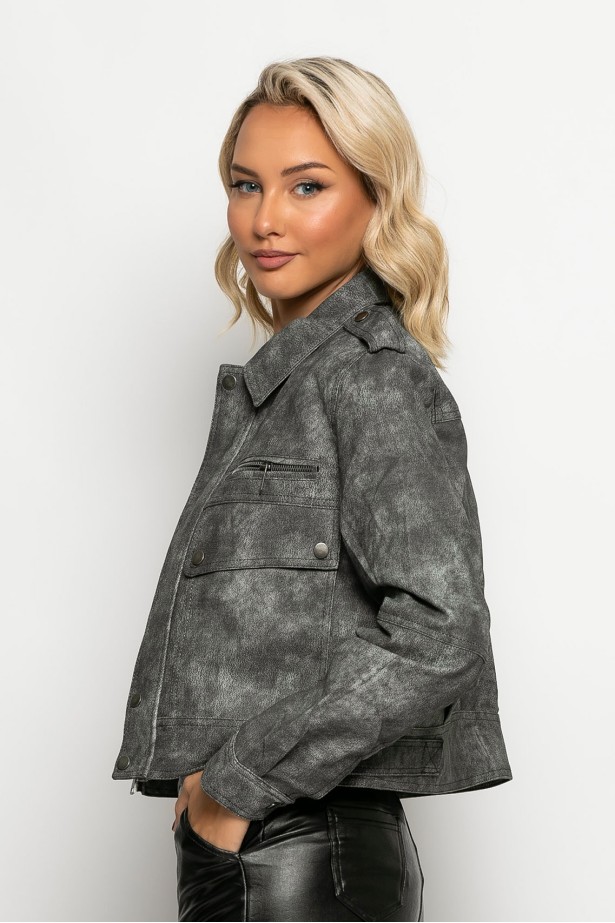 Cropped jacket δερματίνη με τσέπες ανθρακί