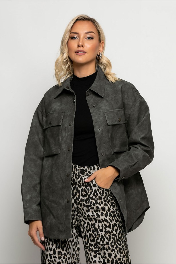 Oversized jacket δερματίνη με κουμπιά γκρι