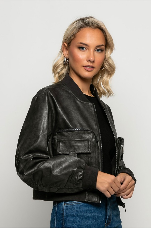 Bomber jacket δερματίνη με τσέπες μαύρο