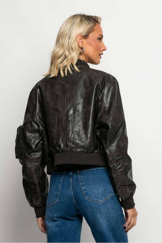 Bomber jacket δερματίνη με τσέπες μαύρο