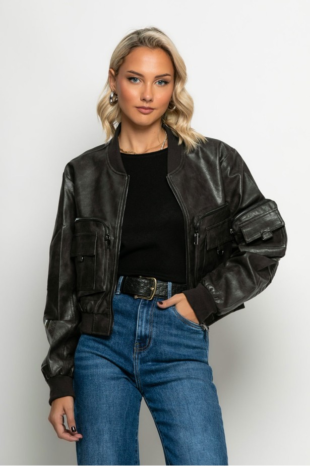 Bomber jacket δερματίνη με τσέπες μαύρο