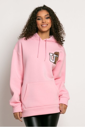 Μπλούζα φούτερ με κουκούλα επένδυση φλις και στάμπα (U) ροζ