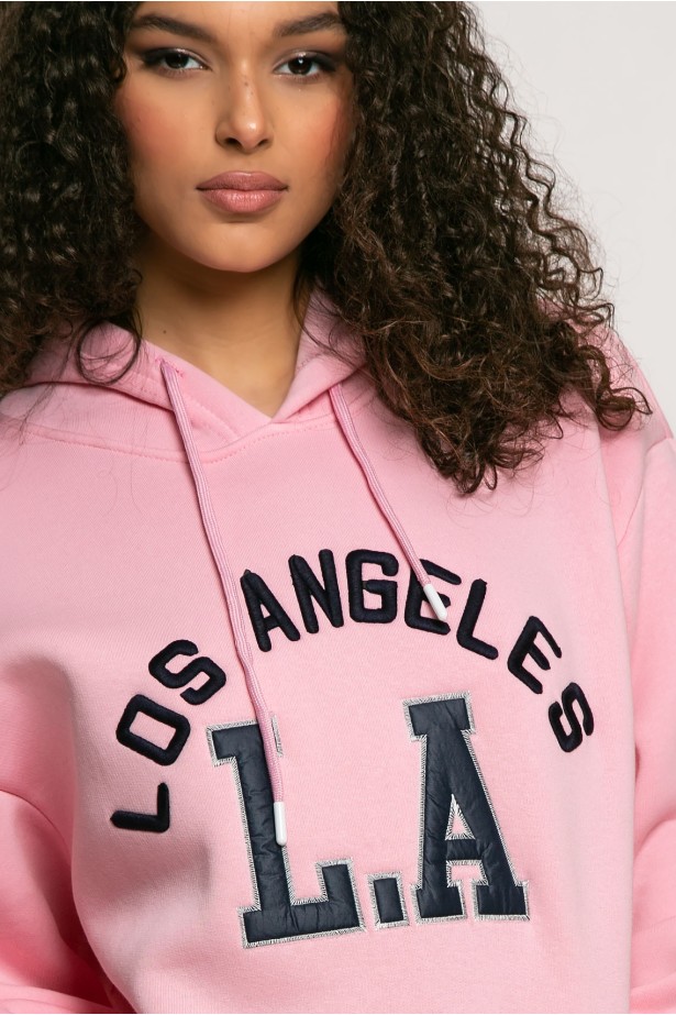 Μπλούζα φούτερ με κουκούλα επένδυση φλις και στάμπα (LA) ροζ