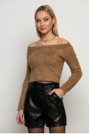 Cropped πλεκτό off shoulder με στρας μπεζ