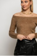 Cropped πλεκτό off shoulder με στρας μπεζ