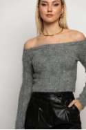 Cropped πλεκτό off shoulder με στρας ανθρακί