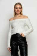 Cropped πλεκτό off shoulder με στρας λευκό