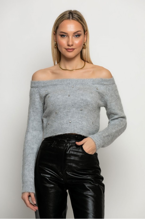 Cropped πλεκτό off shoulder με στρας γκρι