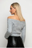 Cropped πλεκτό off shoulder με στρας γκρι