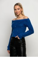 Cropped πλεκτό off shoulder με στρας ρουά