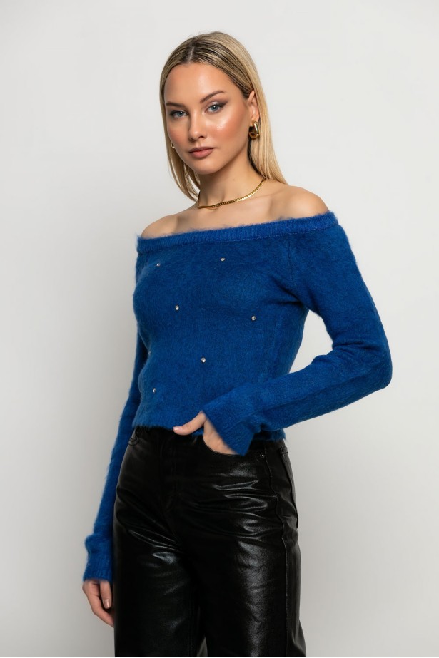 Cropped πλεκτό off shoulder με στρας ρουά