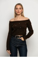 Cropped πλεκτό off shoulder με στρας καφέ