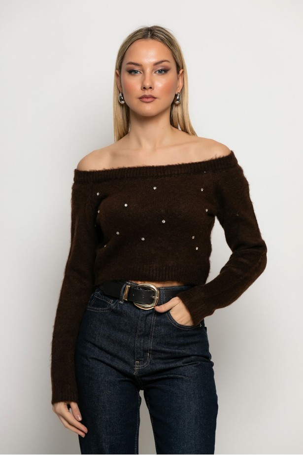 Cropped πλεκτό off shoulder με στρας καφέ