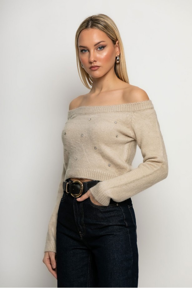 Cropped πλεκτό off shoulder με στρας μπεζ ανοιχτό