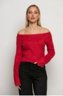 Cropped πλεκτό off shoulder με στρας κόκκινο