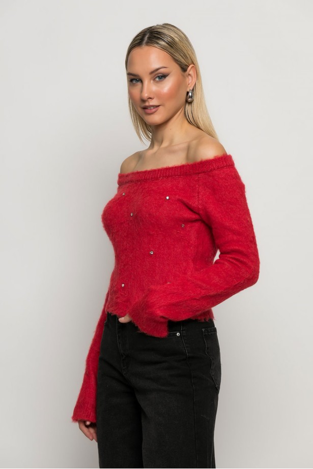 Cropped πλεκτό off shoulder με στρας κόκκινο