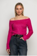 Cropped πλεκτό off shoulder με στρας φούξια