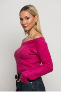 Cropped πλεκτό off shoulder με στρας φούξια