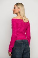 Cropped πλεκτό off shoulder με στρας φούξια