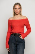 Cropped πλεκτό off shoulder με στρας πορτοκαλί