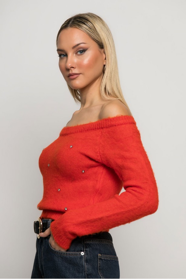 Cropped πλεκτό off shoulder με στρας πορτοκαλί