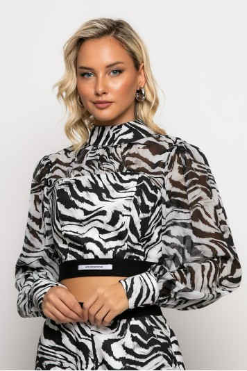 Cropped μπλούζα με λάστιχο στην μέση zebra print μαύρο